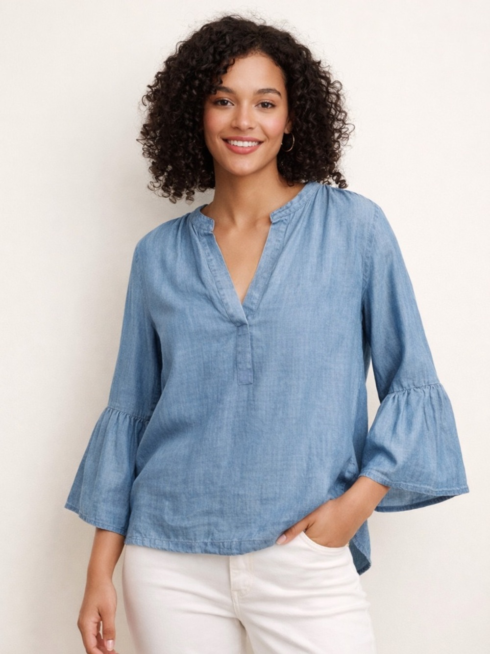 LOFT Softened Denim Chambray Blouse XS Bell Sleeve V-Neck Lightweight Top